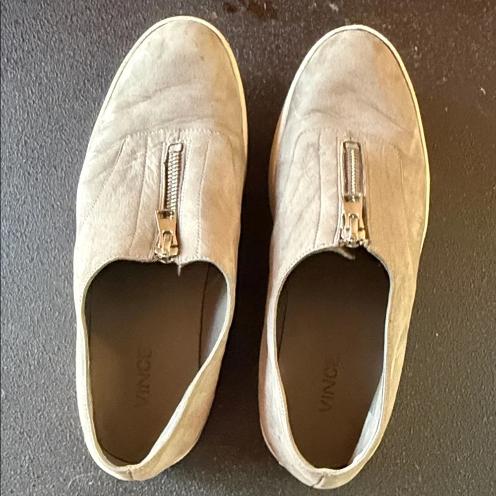 Vince Taupe Slip-On Leather Sneakers with Top Zipper